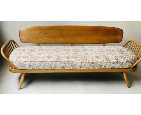 SURFBOARD SOFA/DAYBED, Ercol 1970's beechwood and ash with slab back, squab cushion and bentwood arms, 210cm W. 