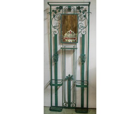 HALL STAND, French Art Deco verdigris painted iron with mirror, marble ledge and rose detail, 71cm W x 195cm H. (nut for one 