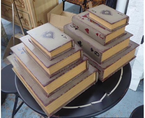 PLAYING CARD BOXES, a set of eight, altogether two graduated sets of four, 36.5cm x 28cm x 9cm at largest. (8) 