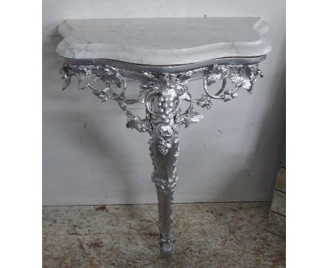 CONSOLE TABLE, Victorian and later silveredwood and gesso with white serpentine marble top on mono-pod support, 68cm x 36cm x