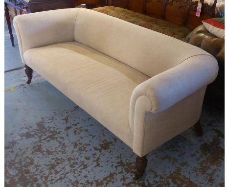 CHESTERFIELD SOFA, late Victorian walnut, with linen upholstery, on short turned front supports with castors, 200cm L x 70cm 