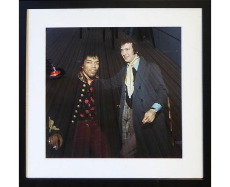 JIMI HENDRIX with ERIC CLAPTON on the stairs of the Speakeasy Club in Margaret St, London, W1, with archive embossed stamp lo