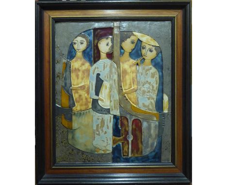CERAMIC TABLEAU of MUSICIANS, 55cm x 45cm, framed. 