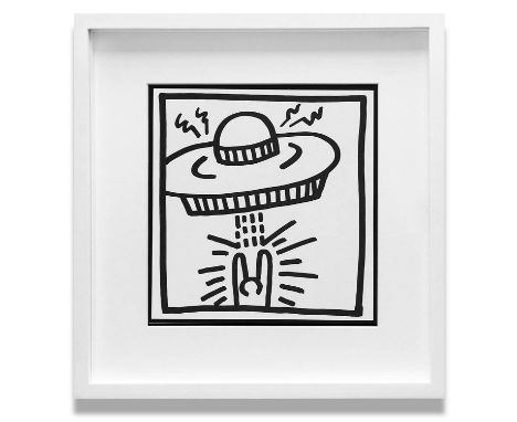 KEITH HARING 'UFO', 1982, lithograph, published by Tony Shafrazi Gallery N.Y., edition of 2000, 23cm x 23cm, framed and glaze