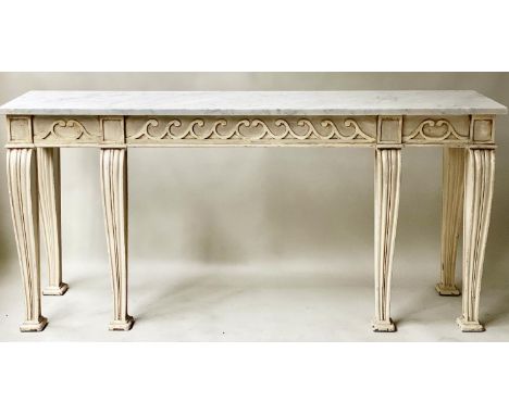 CONSOLE TABLE, rectangular Italian grey painted with vitruvian scroll frieze and grey veined marble top, 187cm x 48cm D x 89c