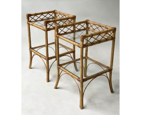 LAMP TABLES, a pair, rattan and cane bound square two tier glazed, 36cm x 36cm x 62cm H. (2) 