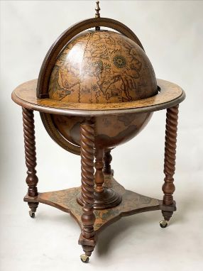 GLOBE COCKTAIL CABINET, in the form of an antique terrestrial globe on stand with rising lid and fitted interior, 100cm H. 