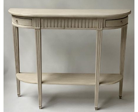 HALL CONSOLE TABLE, French Louis XVI style grey painted with fluted frieze, corner drawers and undertier, 105cm x 86cm H x 29