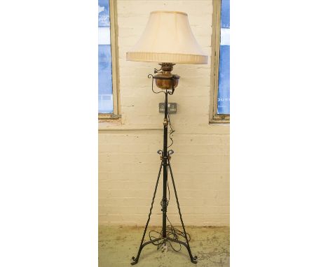STANDING LAMP, early/mid 20th century black metal and copper with height adjustable stem and paraffin reservoir, lowest 166cm