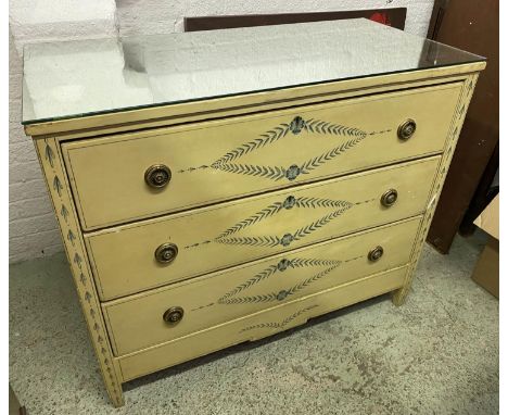 COMMODE, Neoclassical style with mirrored top over three drawers ochre painted with decorative detail (splits to top and side