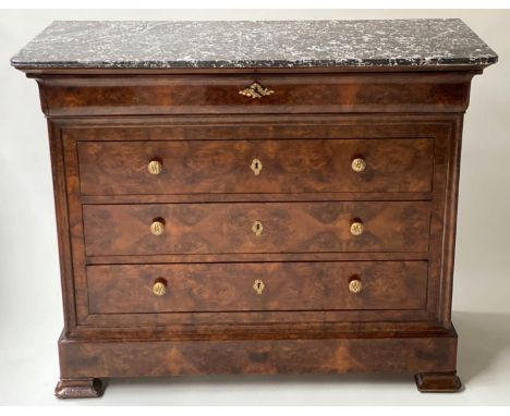 COMMODE, 19th century French Louis Philippe burr walnut and gilt metal mounted with marble top above four long drawers, 104cm