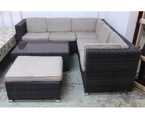 GARDEN CORNER SOFA AND ASSOCIATED DRINKS TABLE , contemporary with cushions, 204cm x 202cm x 69cm. (2) (with faults) 