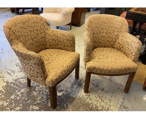 ART DECO TUB ARMCHAIRS, a pair, walnut with arched backs with maple leaf woven upholstery, 60cm W. (2) 