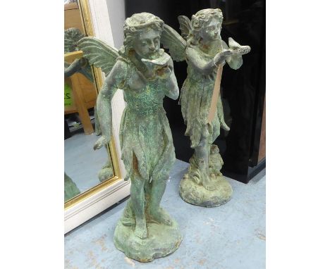 GARDEN FAIRIES, a set of two, cast iron, verdigris finish, 52cm H approx at tallest. (2) 