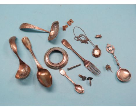 Two imported silver sifter spoons, 19th century silver fiddle-and-thread pattern dessert spoon and dessert fork, silver watch