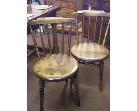 A set of four early 20th century kitchen stick-back dining chairs, together with a Victorian light beech and elm comb-back el