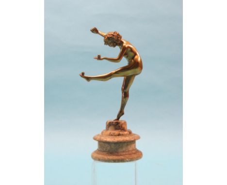 C. J. R. Colinet (1880-1950) - The Juggler, bronze statuette of a nude female, on stepped alabaster plinth, engraved script s