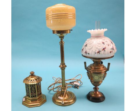 A Victorian engraved brass oil lamp, twin-handled with opaque glass shade, 18in., a tubular brass electric lamp, with shade a