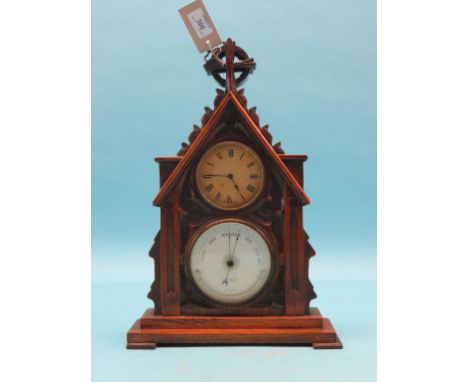 A Victorian gothic revival mantel clock-barometer, timepiece movement, aneroid barometer dial signed Evans, Oswestry, with ke