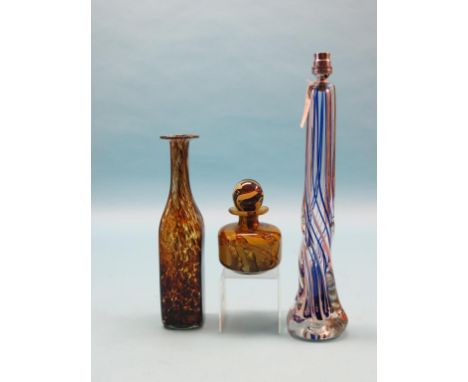 A Strathearn coloured glass table lamp, 16in., a mottled glass flask, 13in., coloured glass bottle with stopper and three ear
