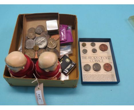 Miscellaneous coins, including presentation sets, replica ancient coins, and two Goebel monk coin banks 