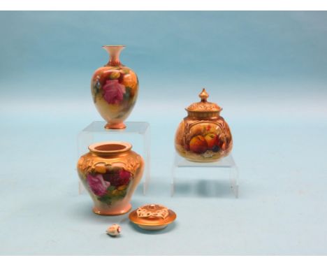 A Royal Worcester pot-pourri jar and cover, painted with fruit, signed Ricketts, shape H175, 4in., date-code indistinct, and 