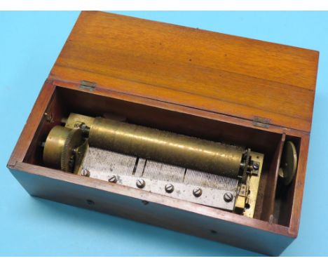 A mid-19th century Swiss cylinder music box, 8in. single-piece comb playing Quatre Airs according to hand-written tune sheet,