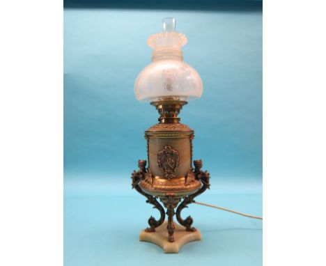 A good quality Victorian Duplex oil lamp, barrel-shape body with inset alabaster, cast and embossed detail in classical style