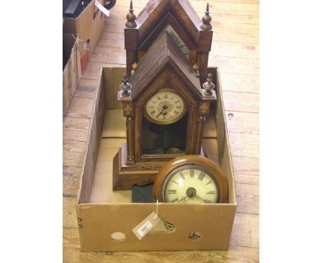 A 19th century dial clock, 5in. convex wood dial, and three American spire-shape shelf clocks