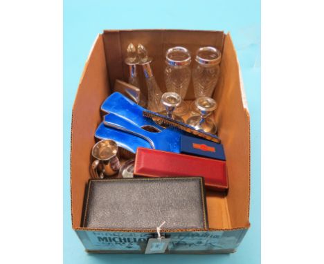 A cased silver condiment set, pair of silver-mounted glass vases, pair of silver-mounted glass scent bottles, silver and blue