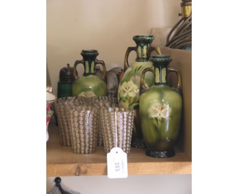 A set of six Venetian aventurine glass tumblers, 3in., set of three floral painted vases, two Victorian ceramic jugs and an u
