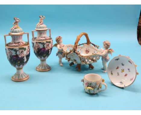 A Meissen 'Schneeballen' coffee cup and saucer, factory second, together with a pair of Doccia-type vases, painted and relief