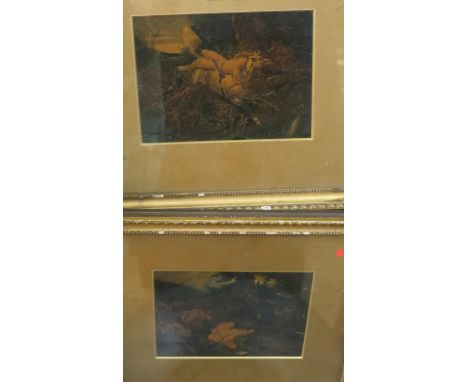 A pair of 19th century oils on card, images from Byron's Mazeppa, 5 x 7in., A. Watson Turnbull - sepia etching across London,