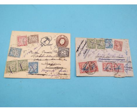 Two stamped envelopes, 1924, addressee T. Baden Powell, re-addressed from France to Newick, Sussex, various stamps 