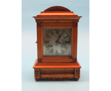 A Victorian light oak mantel clock, with square, silvered dial, French count-wheel movement, 13in. high, and a 19th century s