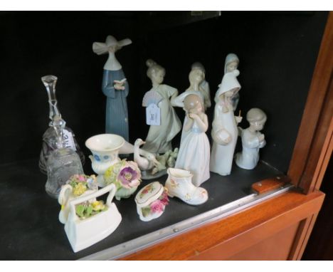 Nine various Lladro figures - animals, Nao figure of a girl with fan, and other small ornaments