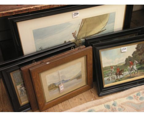 A pair of Victorian watercolours, riverscapes, unsigned, 7 x 10in., together with a set of four coloured hunting prints, and 