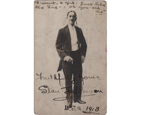  LAUREL STAN: (1890-1965) British Film Comedian. An extremely rare, early, vintage signed postcard photograph, the image depi