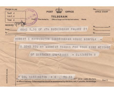 [ELIZABETH II]: (1926- ) Queen of the United Kingdom 1952-  . Small selection of Post Office Telegrams all from the Queen, se