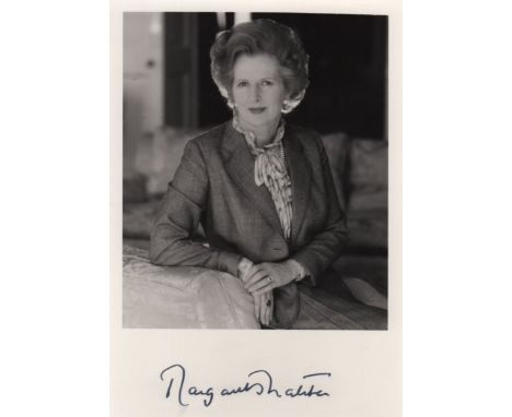 THATCHER MARGARET (1925-2013) British Prime Minister 1979-90. Signed 4½ x 6 photograph, the image depicting Thatcher seated i