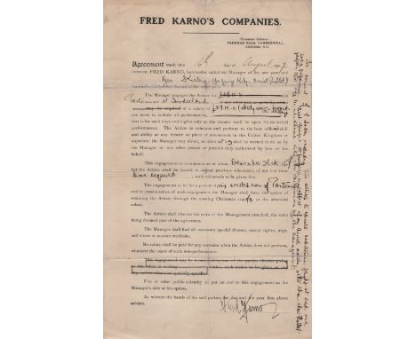 KARNO FRED: (1866-1941) English Theatre Impresario of the British Music Hall.  Rare D.S., Fred Karno, two pages, folio, Londo