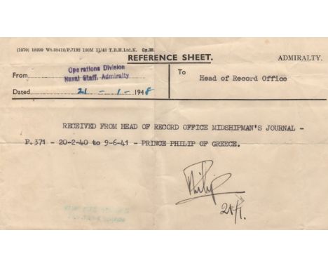 PHILIP PRINCE: (1921-  ) Duke of Edinburgh, husband and consort of Queen Elizabeth II. D.S., Philip, one page, slim oblong 8v