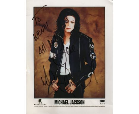 JACKSON MICHAEL: (1958-2009) American Pop Singer. Signed and inscribed colour 8½ x 11 photograph of Jackson in a three-quarte