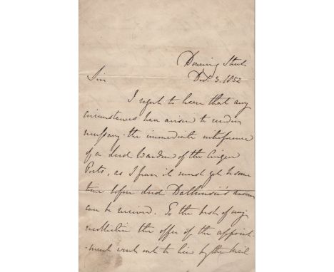 DERBY EARL OF: (1799-1869) British Prime Minister 1852, 1858-59, 1866-68. A.L.S., Derby, two pages, 8vo, Downing Street, 3rd 