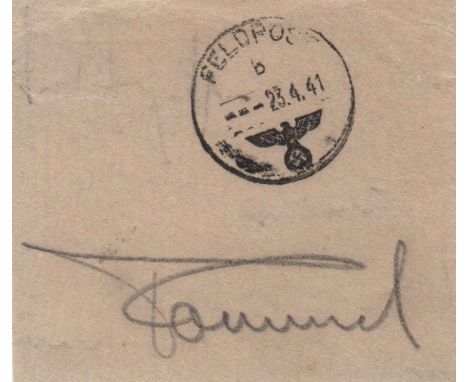 ROMMEL ERWIN: (1891-1944) German Field Marshal of World War II. Vintage bold pencil signature ('Rommel') on a square 12mo pie