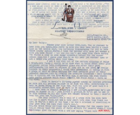  LAUREL STAN: (1890-1965) British Film Comedian. A good T.L.S., Stan, two pages, 4to, Santa Monica, California, 25th April 19