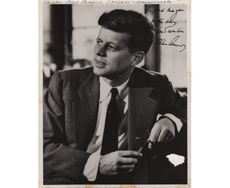KENNEDY JOHN F.: (1917-1963) American President 1961-63. Vintage signed and inscribed 8 x 10 photograph of Kennedy seated in 