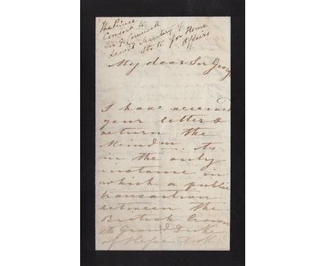 ALBERT PRINCE: (1819-1861) Prince Consort of the United Kingdom, husband of Queen Victoria. A.L.S., Albert, two pages (with a