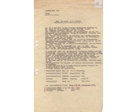 DACHAU: An unsigned typed document, one page, 4to, n.p., n.d. (c.1945), in German, being the original testimony and evidence 