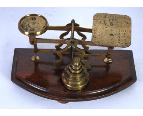 BRASS POSTAL SCALES AND WEIGHTS  on mahogany base 